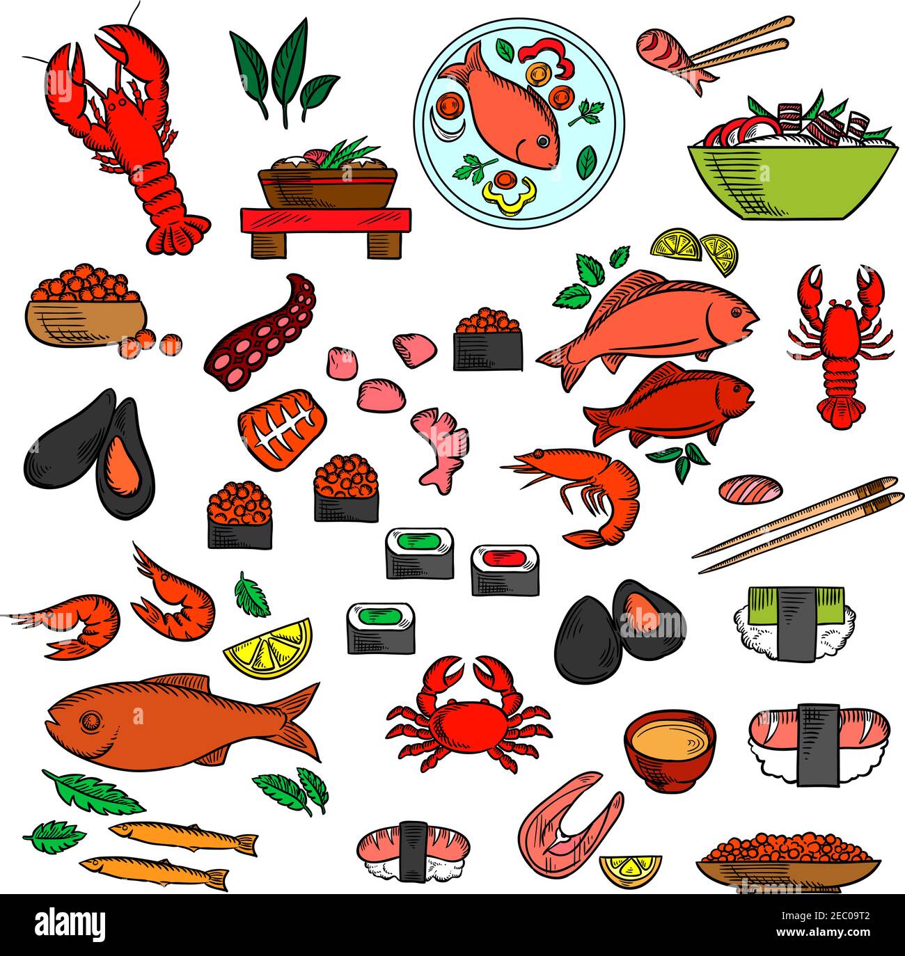 Meeresfrüchte, Fisch und Delikatessen Sushi und roten Kaviar, Krabben und Garnelen, Hummer und Austern, Muscheln und Oktopus, Essstäbchen und Lachs Steak, Fische und Stock Vektor