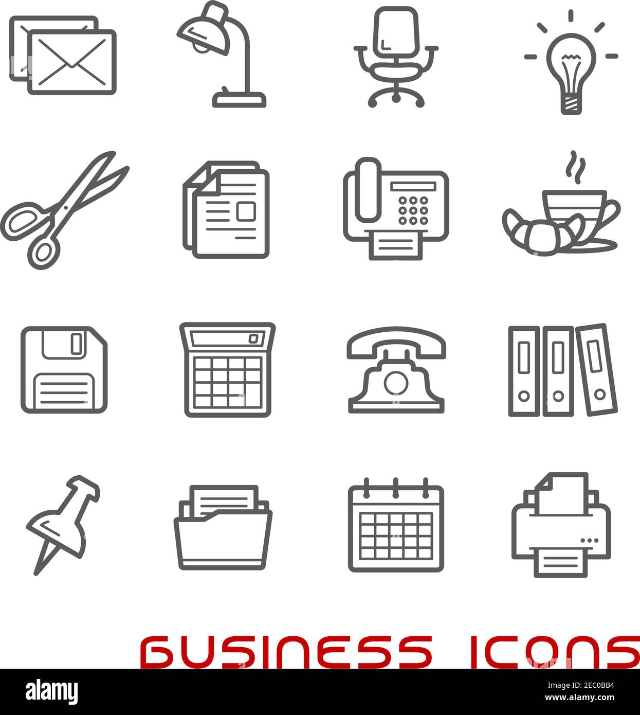 Business und Büro dünne Linie Symbole mit Glühbirne und Telefon, Kalender und Rechner, Mail und Ordner, Dokumente und Stuhl, Aktenvernichter und Schere, Stock Vektor