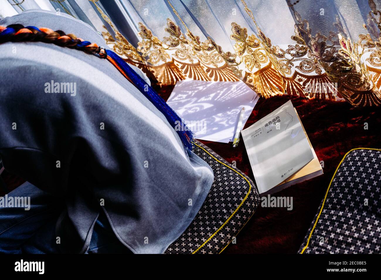 (210213) -- SHANNAN, 13. Februar 2021 (Xinhua) -- Kelyang liest ein Buch über Literaturtheorie in ihrem Haus in Shannan in der Autonomen Region Tibet im Südwesten Chinas, 10. Februar 2021. Der 12. Februar markiert den ersten Tag des tibetischen Neujahrs, der mit dem diesjährigen Frühlingsfest zusammenfiel. Am frühen Morgen zog Kelyang, 23, traditionelle tibetische Kostüme an und ging mit ihren Eltern zum Gebet durch die Berge.als Postgraduierte-Studentin der Beijing Normal University mit Schwerpunkt auf moderner und zeitgenössischer chinesischer Literatur liebt Kelyang Rap-Musik, schaut sich online Videos an und schreibt Romane. Sie lebt ein o Stockfoto