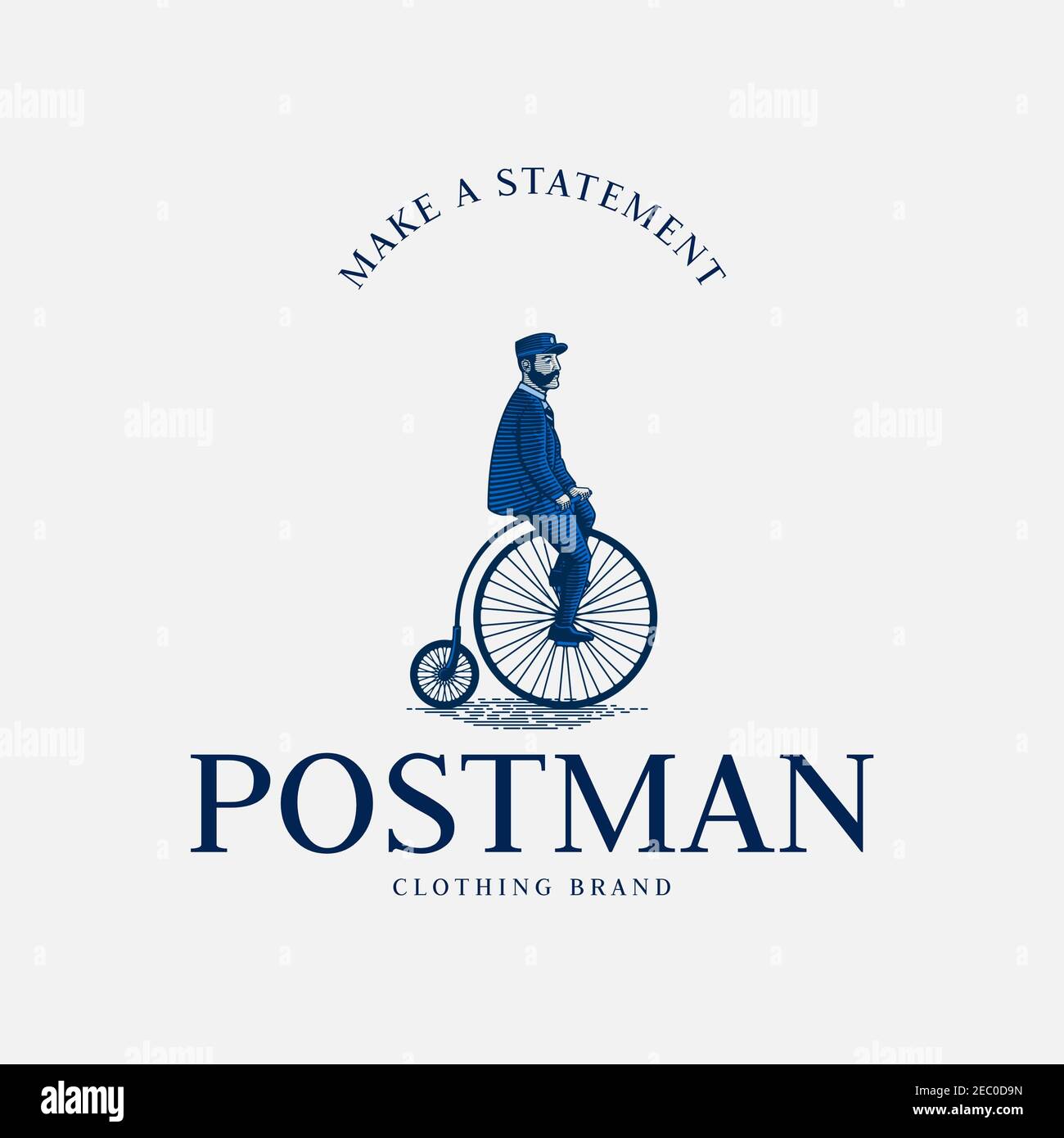 Logo mit einem Mann auf einem Vintage-Fahrrad Stockfoto