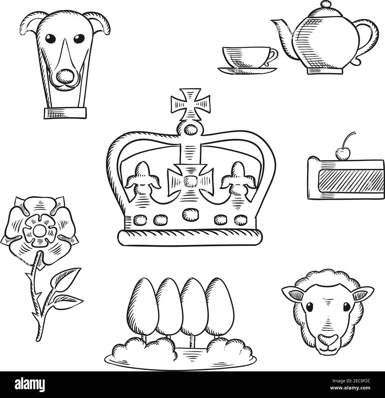 England traditionelle Objekte und Symbole skizzieren Ikonen mit heraldischen Tudor Rose und Park, königlichen Hund und Tee-Set, Kuchen, Schafe und Kaiser Krone Stock Vektor