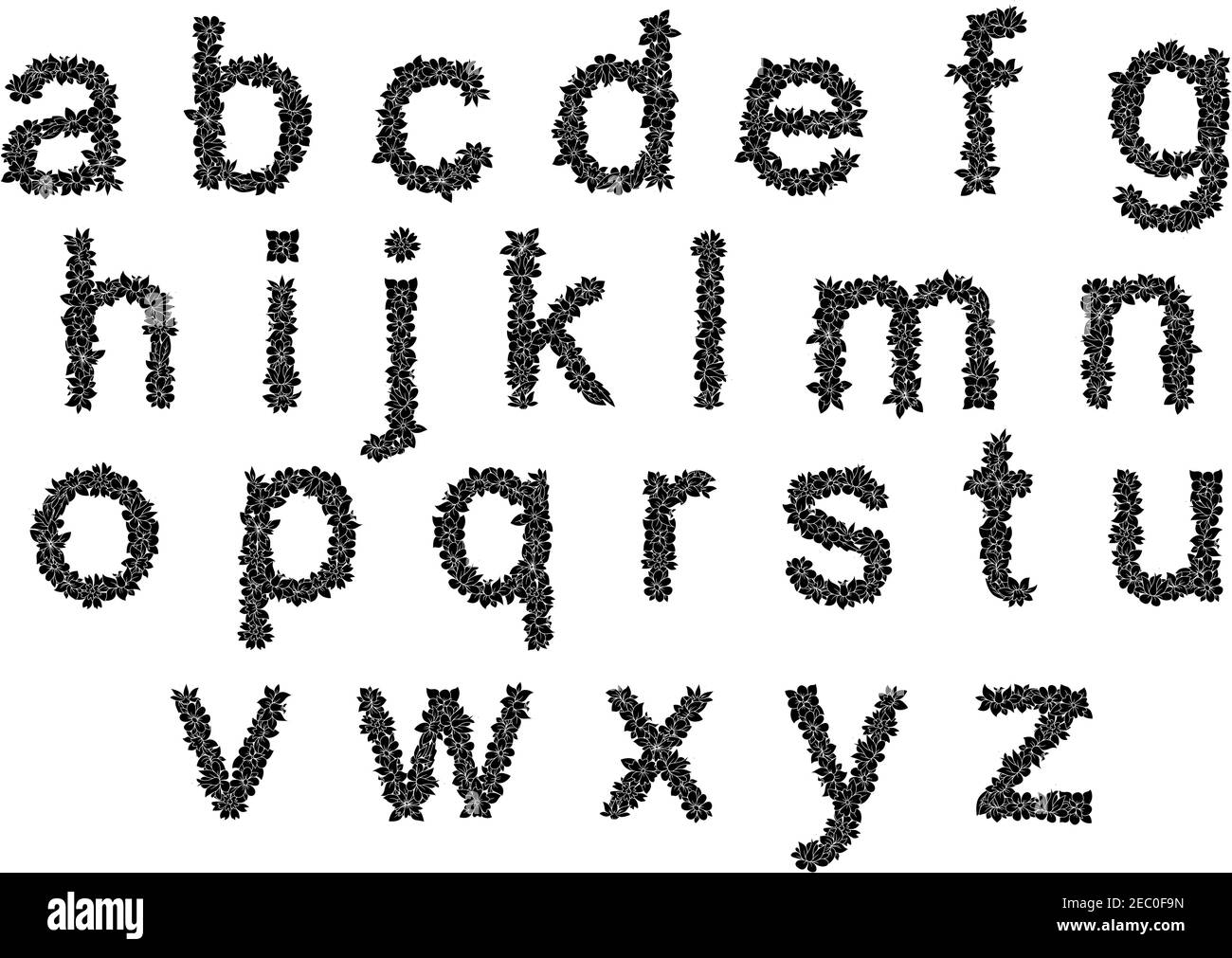 Elegantes florales Alphabet in Kleinschrift, bestehend aus schwarzen Wildblumen mit Ranken und gebogenen Blättern. Kann als romantisches Schriftdesign verwendet werden Stock Vektor