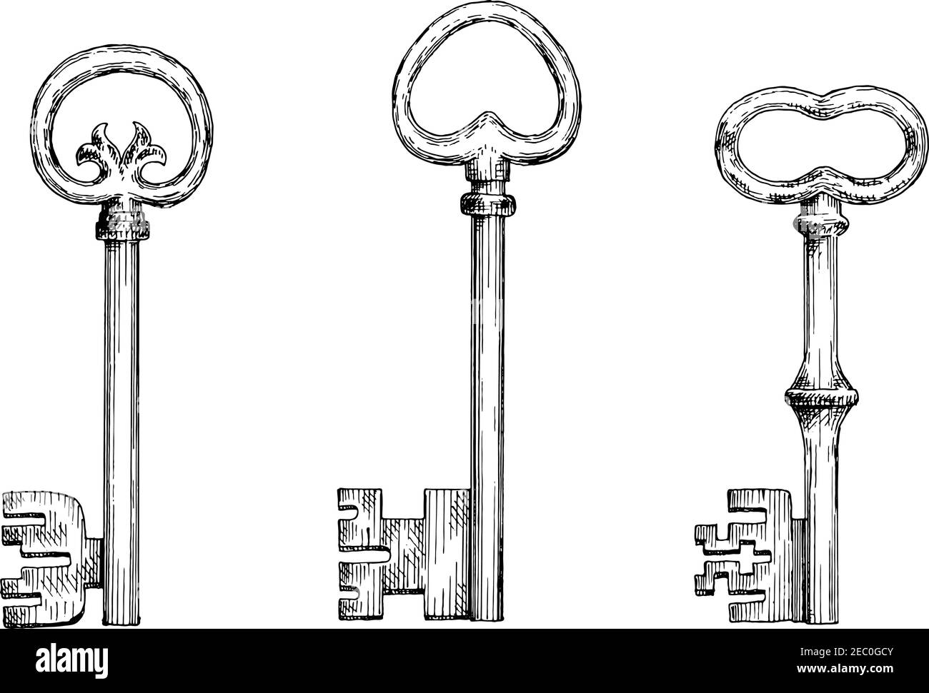 Altmodisch geschmiedete Türschlüssel Skizzen mit herzförmigen Schleifen. Dekorative Skelett-Schlüssel im Gravurstil für Vintage-Verzierungen oder mittelalterliche Desi Stock Vektor