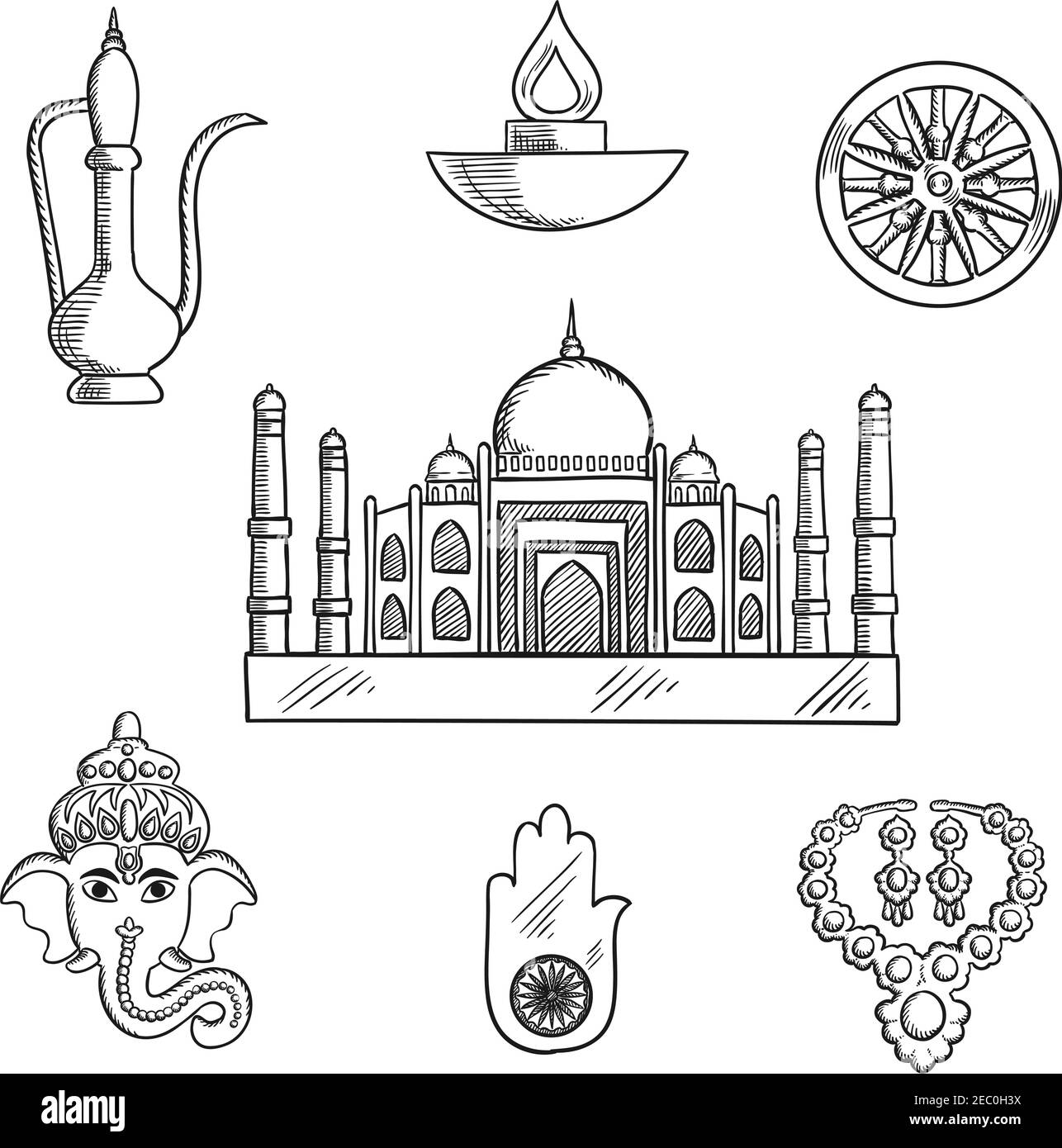 Indische Religion und Kultur Symbole mit Ganesha Gott und Element ashoka Chakra Rad, hamsa Hand Amulett und Messing Teekanne, ethnischer Schmuck, Diwali Lampe Stock Vektor