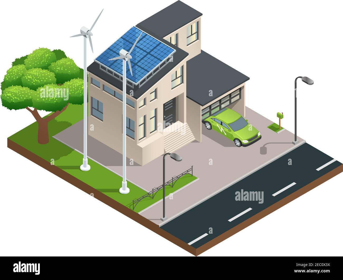 Modernes grünes Öko-Haus mit Garage Rasen Sonnenkollektoren produzieren Strom auf dem Dach und zwei Windturbinen isometrische Vektor-Illustration Stock Vektor