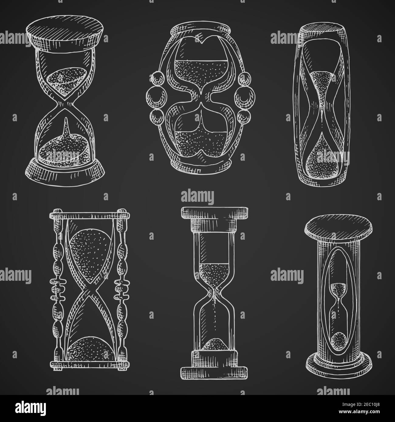 Sanduhren Kreidezeichnungen von Vintage und modernen Sandgläsern mit fließendem Sand. Kann als Zeit, Termin, Zeitvergehen Konzeptdesign verwendet werden Stock Vektor