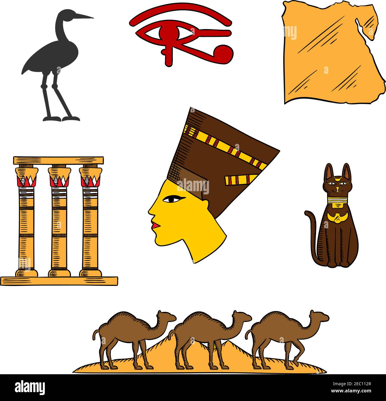 Alte ägyptische Königin Nofretete mit Karte von Ägypten, schwarze Katze Göttin, Dessertlandschaft mit Pyramiden und Kamelen, Tempel Säulen, Auge von horus und sa Stock Vektor