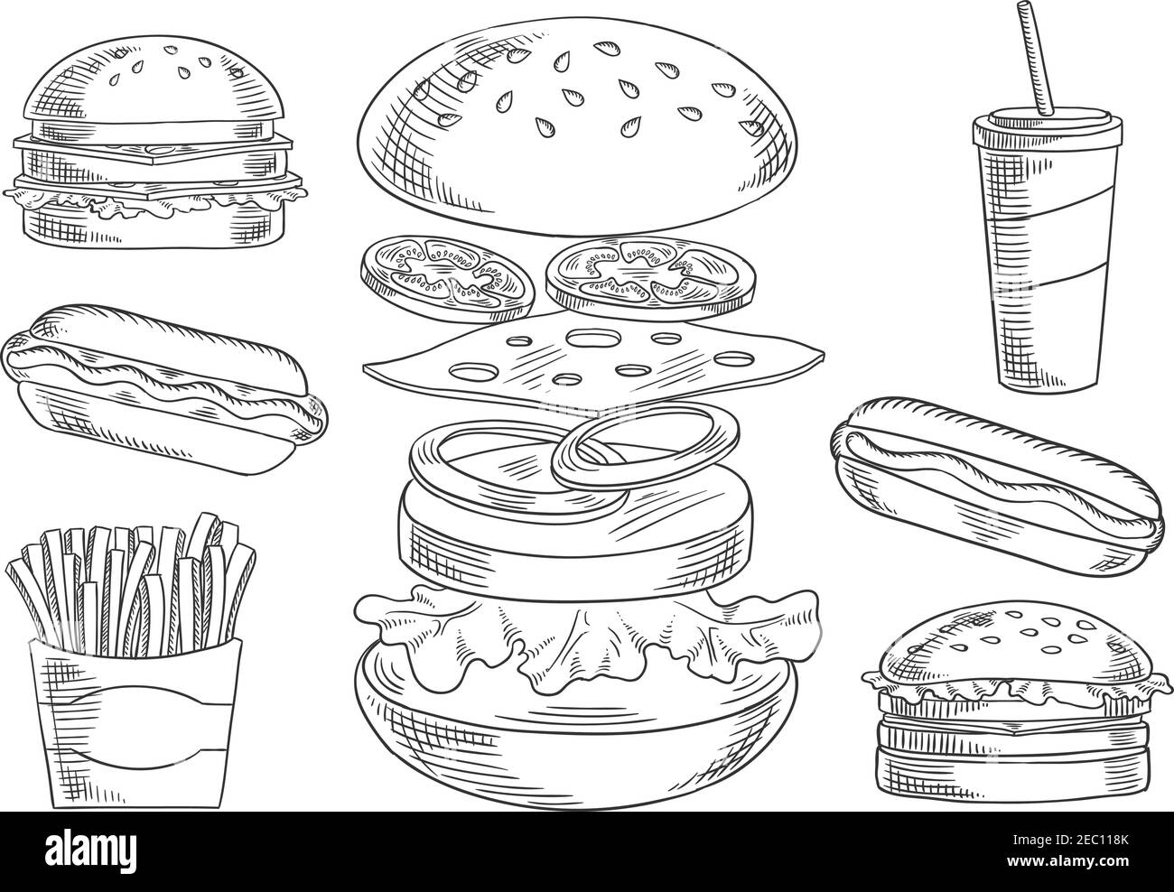 Fast Food Skizze Ikonen appetitlichen Cheeseburger mit getrennten Schichten von frischen Tomaten und Zwiebeln, Käse, Fleisch Patty und Salat, umgeben von heißen d Stock Vektor