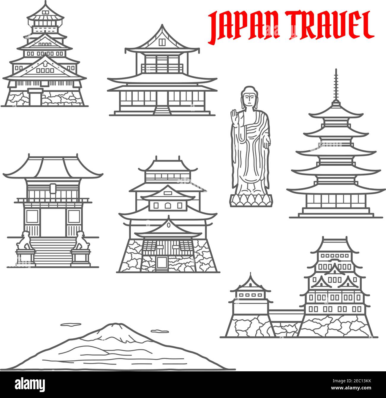 Japan Reise Wahrzeichen dünne Linie Ikonen des Fuji Berg und Ushiku Great Buddha, Kaiserpalast und Osaka Burg, Deva Tor des Kiyomizu-dera Tempel, Stock Vektor