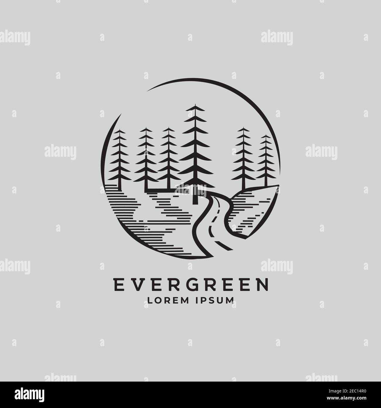 Pines Tree Forest und Road Way Vintage Logo Design Vektor Vorlage Stock Vektor