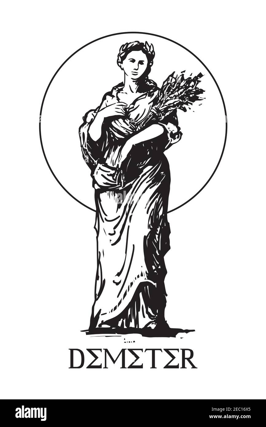 Demeter - Göttin der Ernte in der antiken griechischen Religion und Mythologie, Frau mit Garbe Korn in den Händen, Vektor-Illustration, weißer Hintergrund Stock Vektor