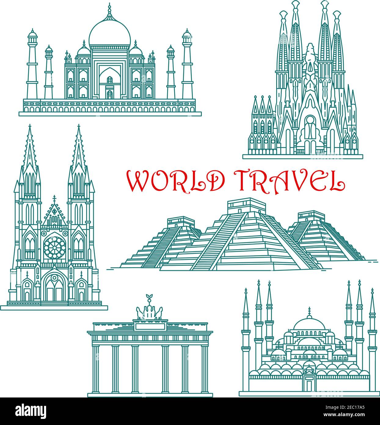 Weltreise und Architektur Wahrzeichen dünne Linie Ikonen mit Taj Mahal und Brandenburger Tor, Hagia Sophia und Sagrada Familia, Burgos Kathedrale und El Stock Vektor