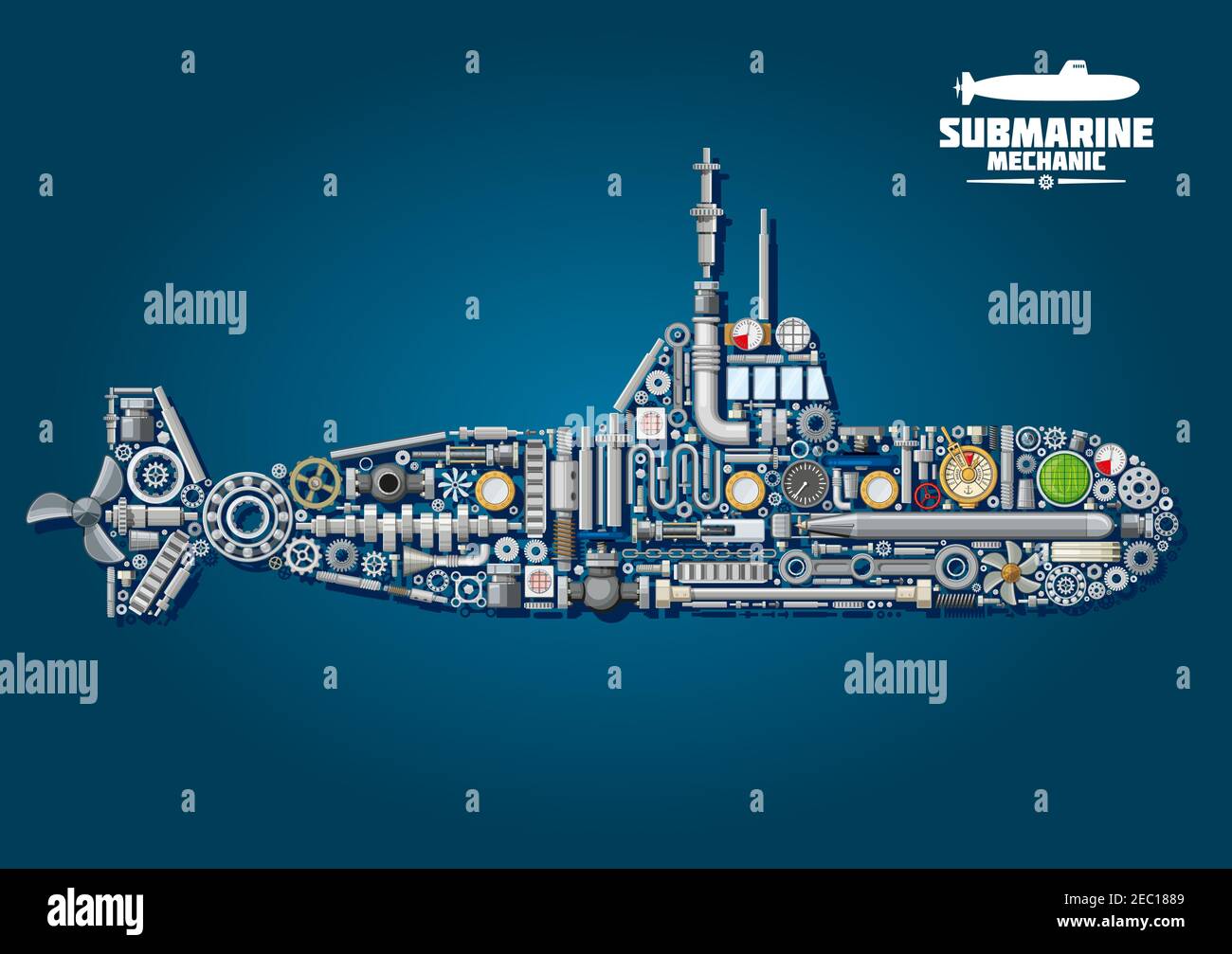 U-Boot-Mechanik Schema mit Unterwasser-Kriegsschiff bestehend aus Waffen  und Details wie Propeller und Getriebe, Ketten und Lager, Sonar und Perisco  Stock-Vektorgrafik - Alamy