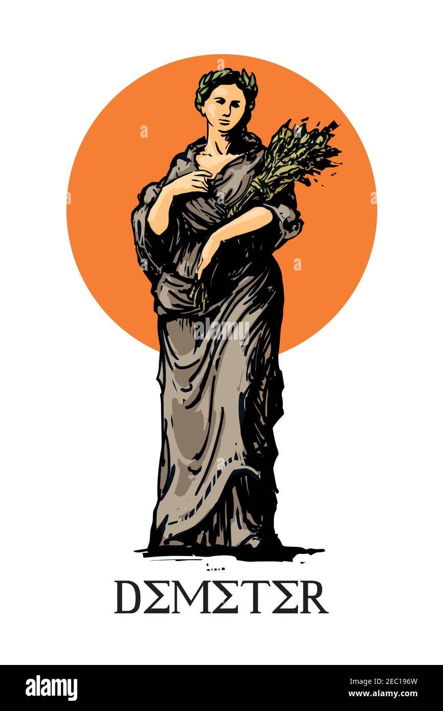 Demeter - Göttin der Ernte in der antiken griechischen Religion und Mythologie, Frau mit Garbe Korn in den Händen, Vektor-Illustration, weißer Hintergrund Stock Vektor