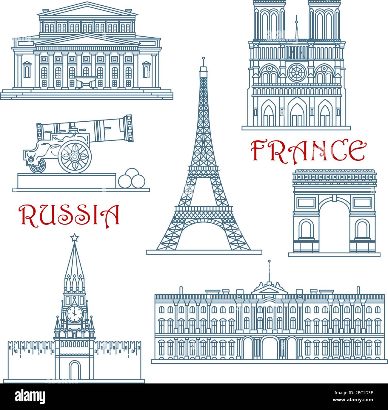 Reisen Sie Wahrzeichen von Russland und Frankreich mit Eiffelturm und Notre Dame Kathedrale, Red Square und Kremlmauer mit Uhrturm, Arc de Triumph, Big Th Stock Vektor