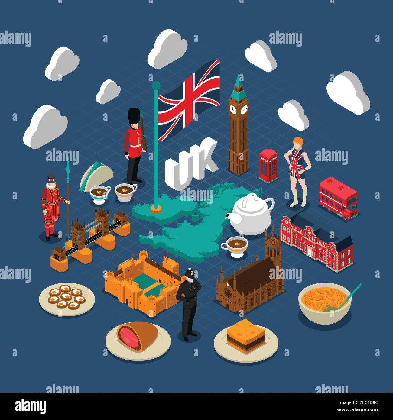 Großbritannien Konzeptkomposition mit Kultur- und Reisesymbolen isometrisch Isolierte Vektordarstellung Stock Vektor