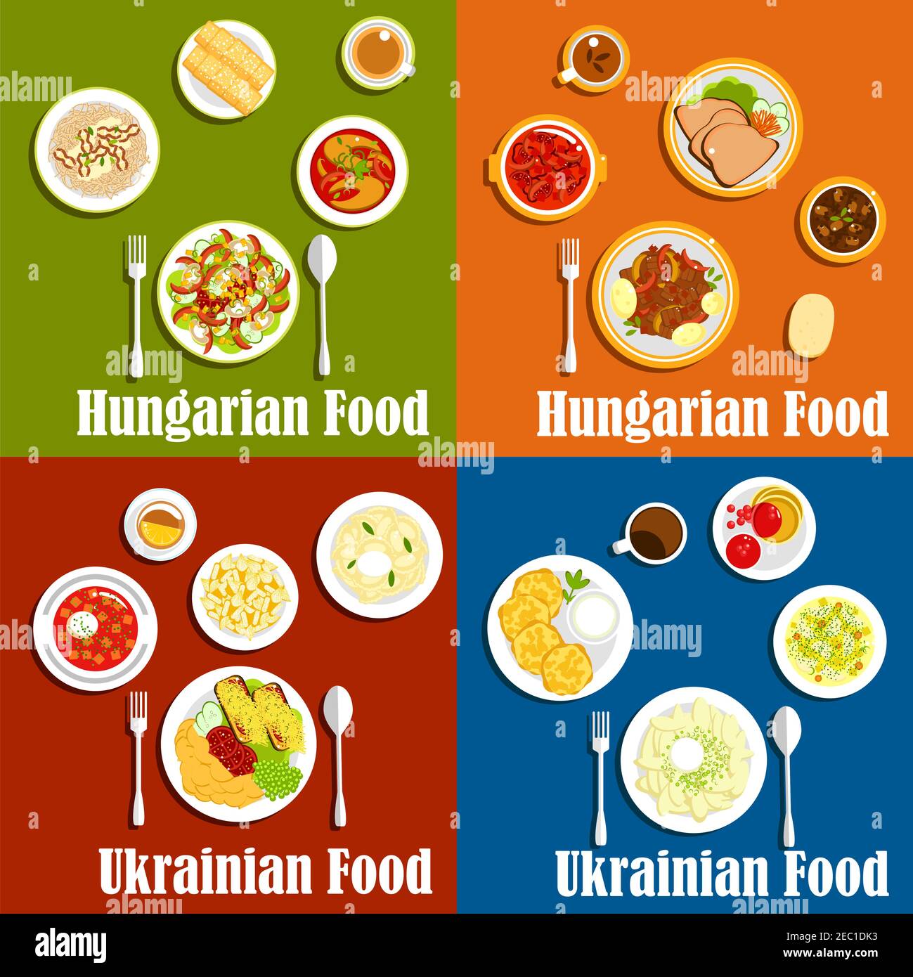 Beliebte Gerichte der ungarischen und ukrainischen Küche mit Borscht, Rind-und Bohnengoulasch Eintopf, Gemüseknödel und Kartoffelpfannkuchen, Gänseleber und f Stock Vektor