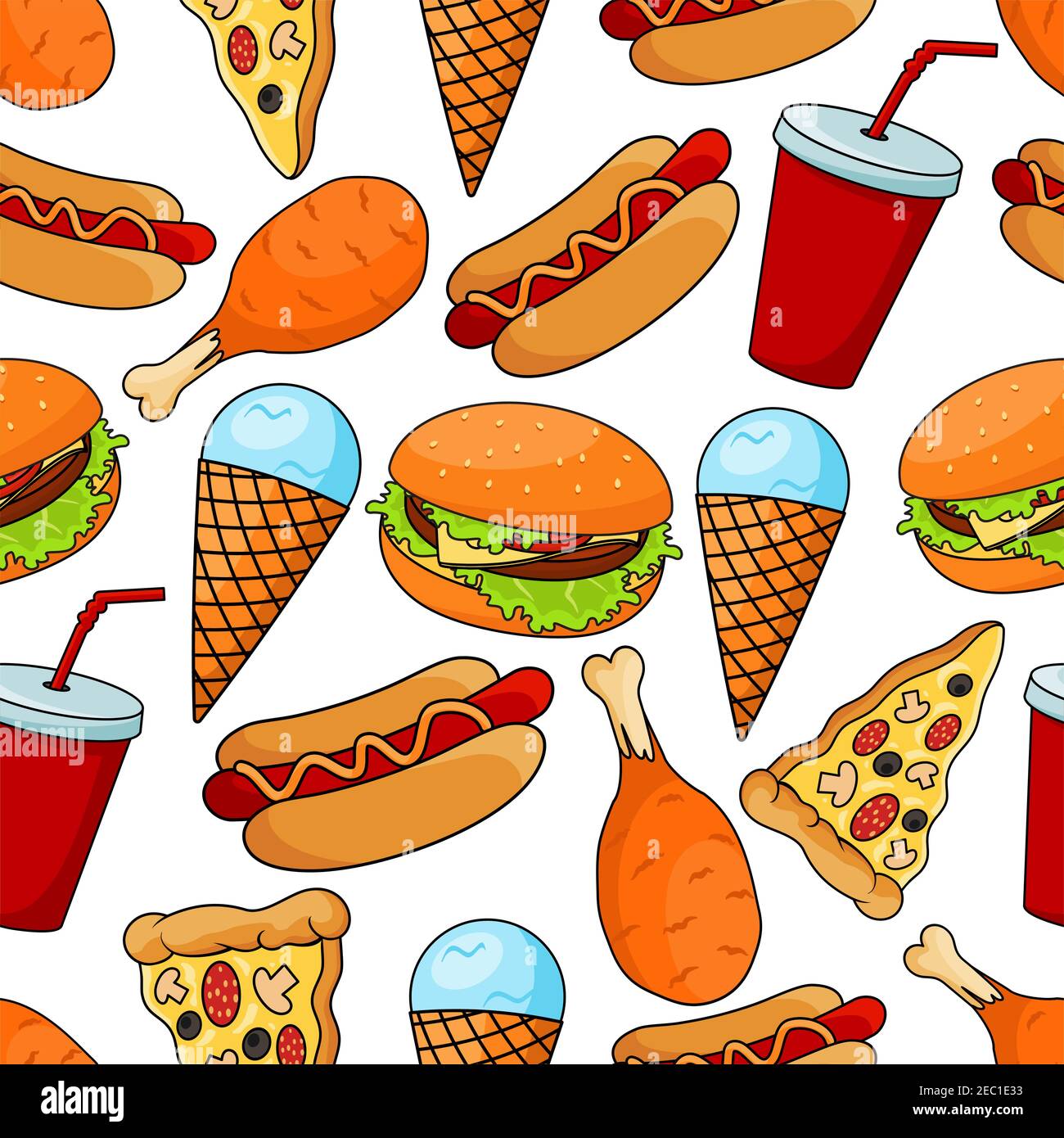 Nahtloses Muster aus verschiedenen leckeren Fast Food mit Cheeseburger und dünnen Scheiben Pepperoni Pizza, Hot Dogs und gebratenen Hühnerbeinen, Minze Eis con Stock Vektor