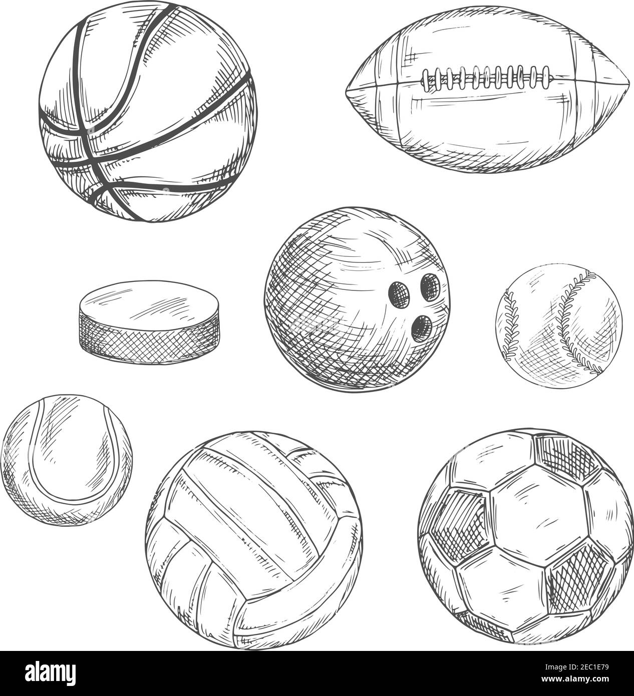 Sportbälle und Eishockey Puck Skizzen mit american Football und Fußball, Eishockey und Basketball, Baseball und Volleyball, Bowling und Tennis BA Stock Vektor