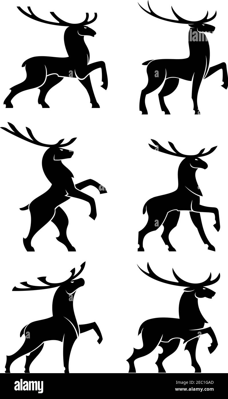 Schwarze Silhouetten von wilden Waldbullen Elche oder Hirschen mit großen verzweigten Geweihen, die während der Rut posieren. Wildlife Maskottchen, Jagd Symbol oder T-Shirt Print d Stock Vektor