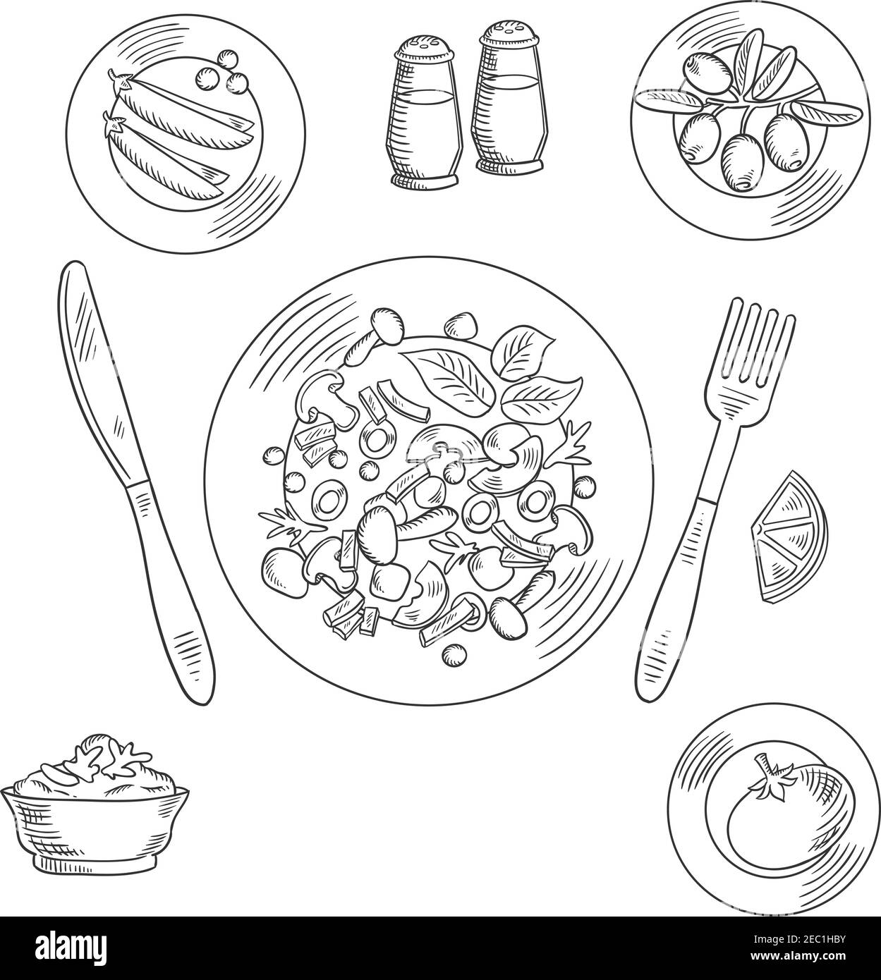 Vegetarisches Mittagessen mit Pilzen, Avocado und Olivensalat, Dressing mit Zitronensaft und würzigen Kräutern, Schüssel mit Avocado Guacamole, Erbse, Oliven und Tomaten Stock Vektor