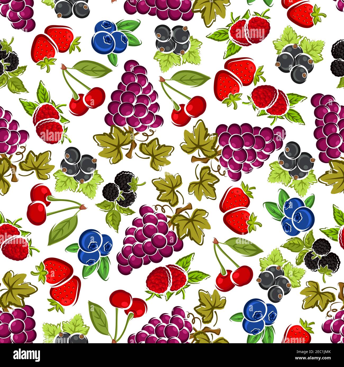 Erdbeere und Himbeere, violette Traube, Brombeere und Kirsche, schwarze Johannisbeere und Heidelbeerfrüchte nahtloses Muster mit geschnitzten Blättern und Stielen auf Whi Stock Vektor