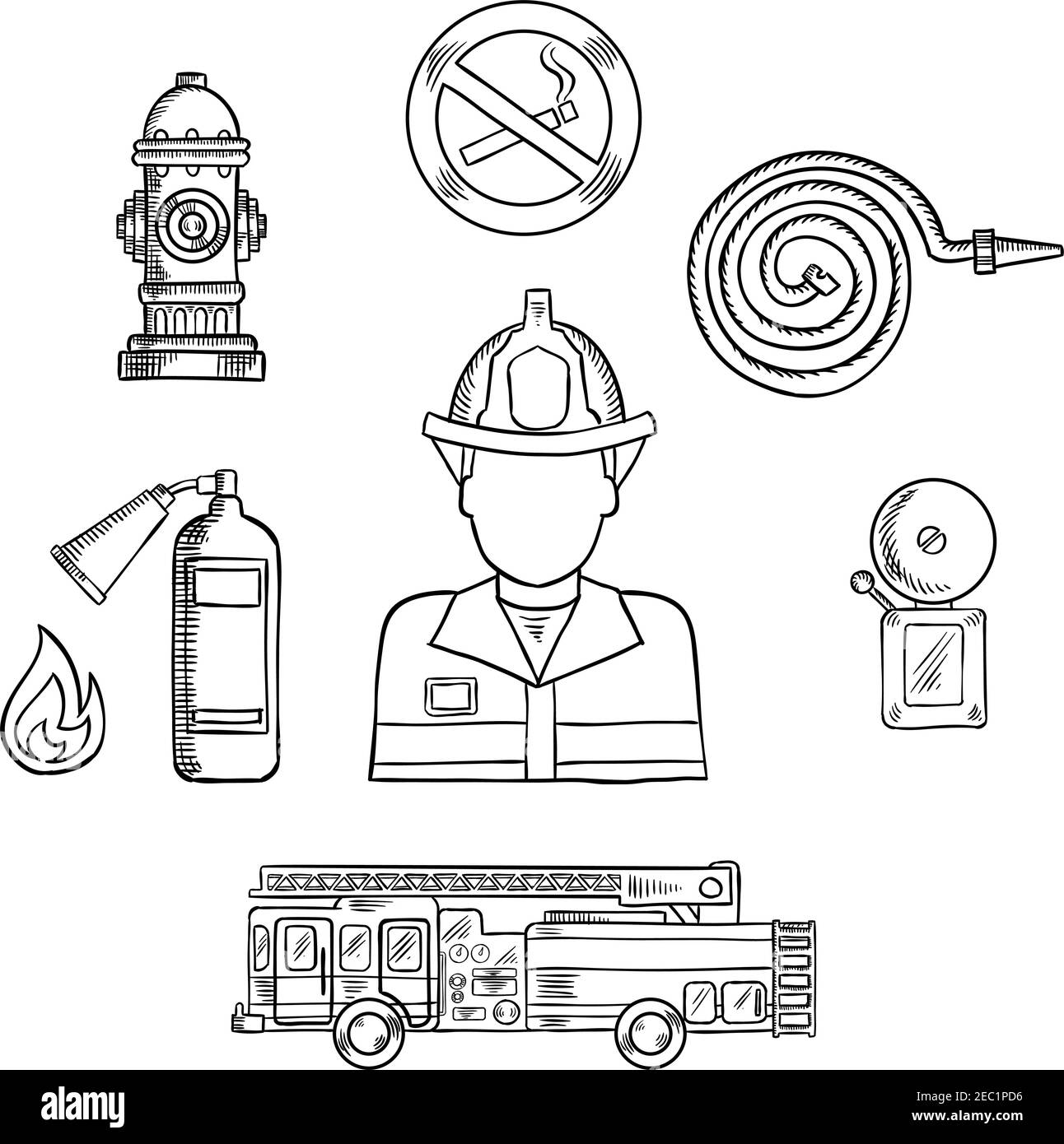 Feuerwehrmann in Schutzhelm und Uniform mit Brandschutz-Skizzen Symbole, wie Feuerwehrauto, Hydrant, Feuerlöscher, Feueralarm und Rauchverbot Stock Vektor