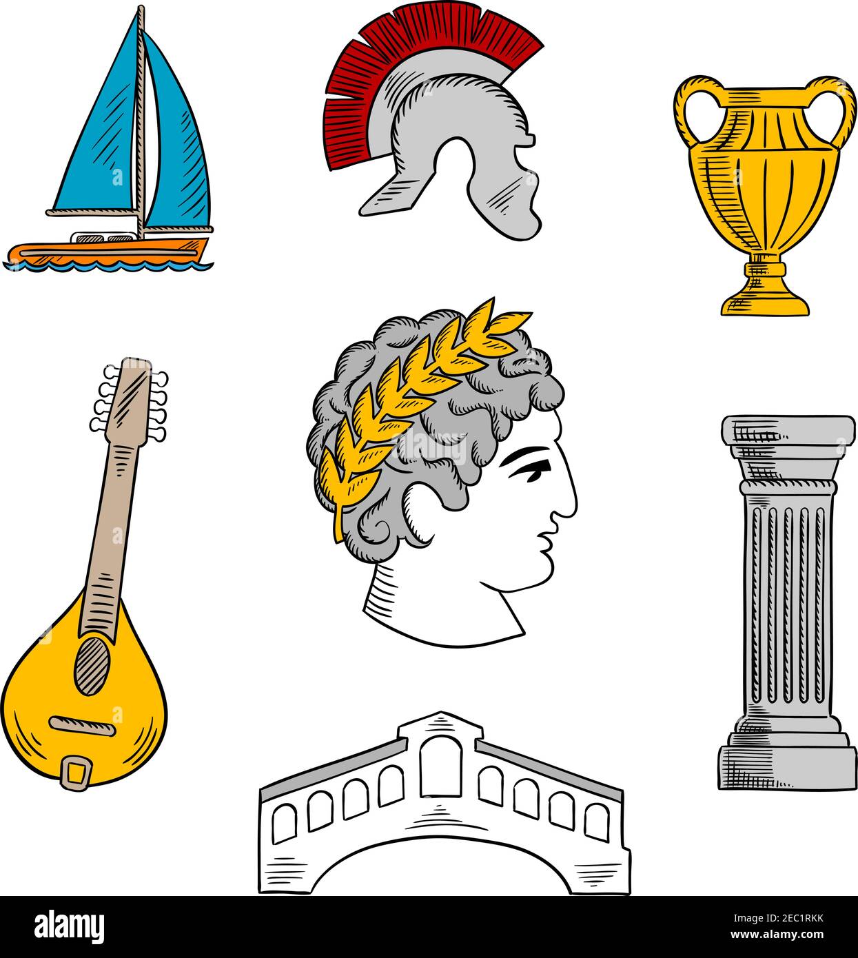 Beliebte touristische Attraktionen von Italien mit Büste von Julius Caesar Kaiser, alten römischen Helm, antike Säule und Vase, Mandoline, venezianischen Rialto bri Stock Vektor