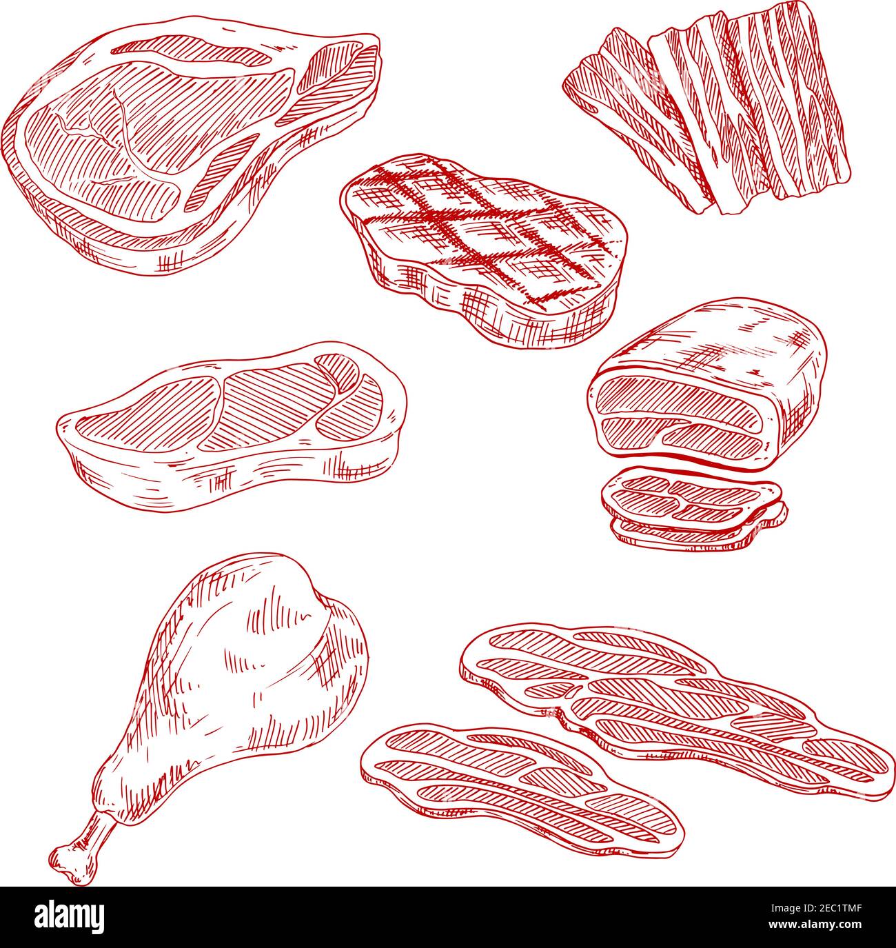 Hofeigene Fleischprodukte Skizzen mit Rindersteaks und Filet-Braten, Speckscheiben, gegrilltem Schweinekotelett und Hühnerschenkel. Gravur Skizzen für alt Stock Vektor