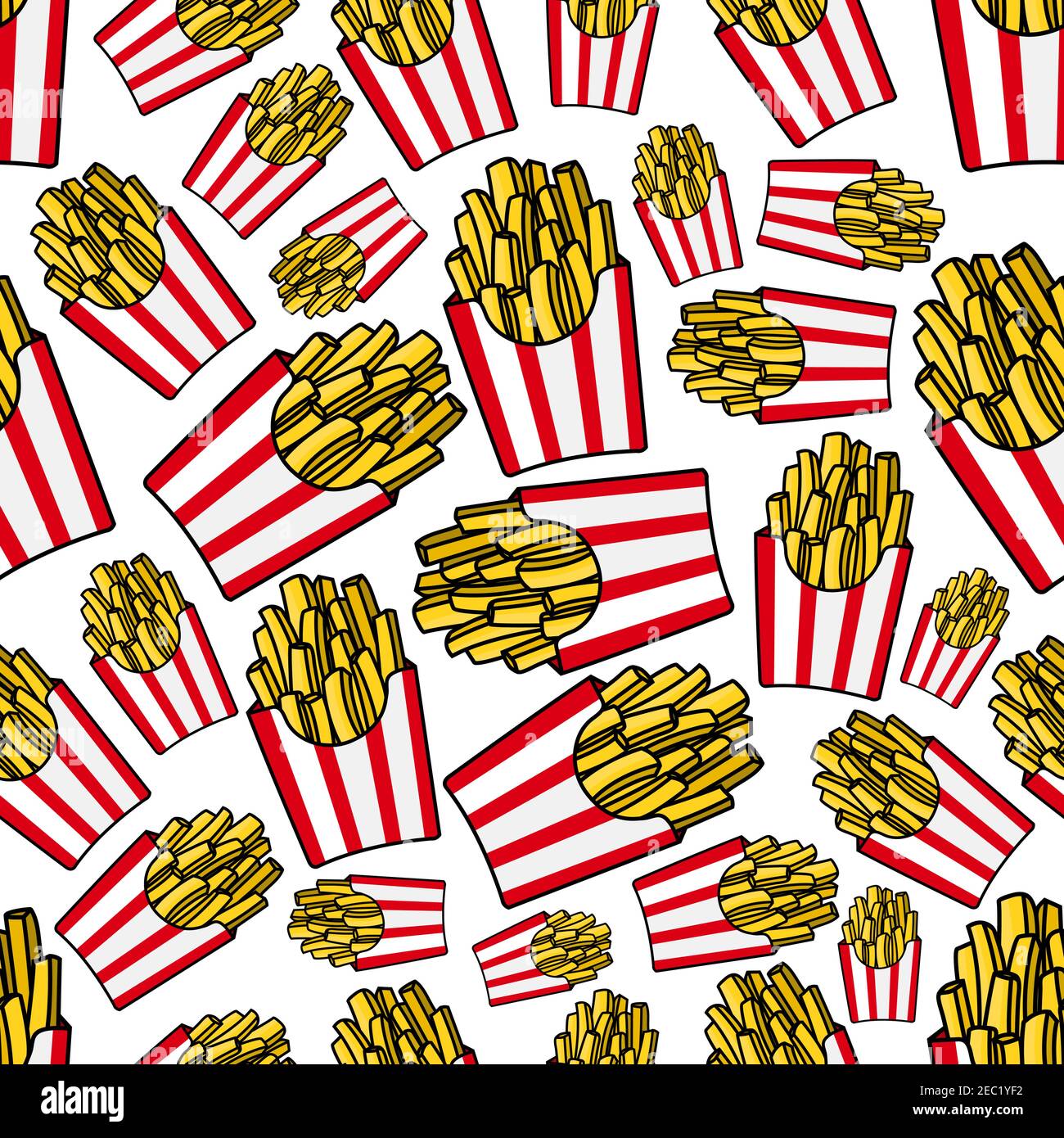Takeaway französisch Pommes Cartoon Hintergrund mit nahtlosen Muster aus weiß und rot gestreiften Papierschachteln mit gebratenen Kartoffeln. Fastfood Café, Textildruck o Stock Vektor
