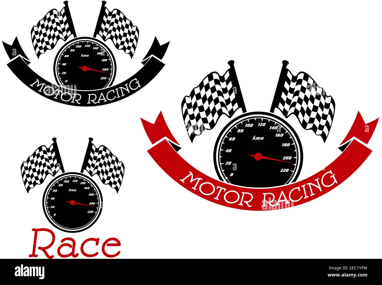 Tachometer mit karierten Rennflaggen-Symbolen für Rennsport und Rennsport-Wettkampfdesign, geschmückt mit schwarzen und roten Bändchen-Bannern Stock Vektor