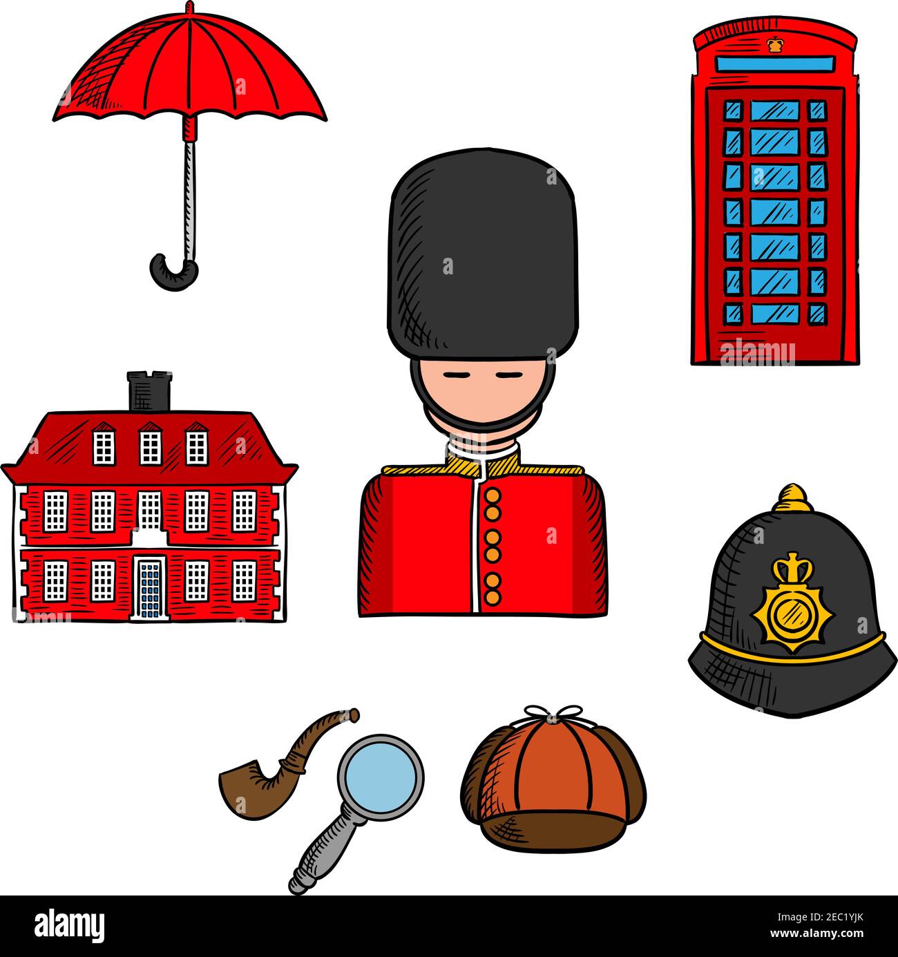 Traditionelle Symbole und travel Wahrzeichen von London Ikone mit Königinnen Wachsoldat, Regenschirm, rote Telefonzelle und Backsteinhaus, Polizei Wächter Hel Stock Vektor