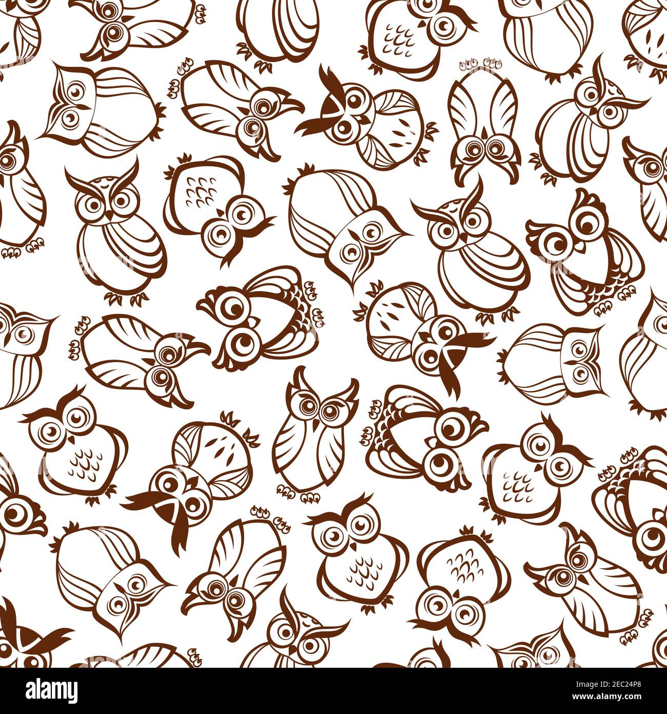 Niedliche braune Eulen nahtloses Muster mit Umriss Silhouetten von lustigen Waldvögeln mit ornamentalen Federschmuck und staunenden Blick. Als Naturhintergrund verwenden, Stock Vektor