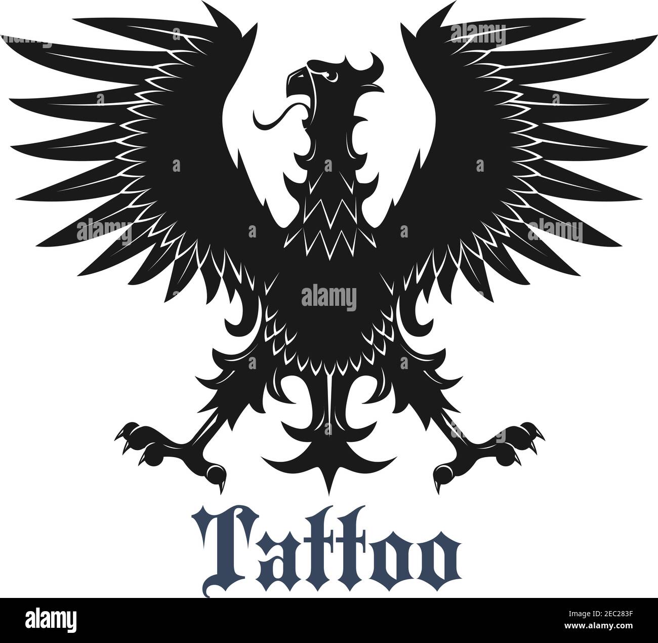 Wappentier Symbol für Tattoo oder Wappen Design Verwendung mit schwarzem Vogel in klassischer Position mit ausgestreckten Flügeln und Beinen, geschmückt durch geschwungene Stock Vektor