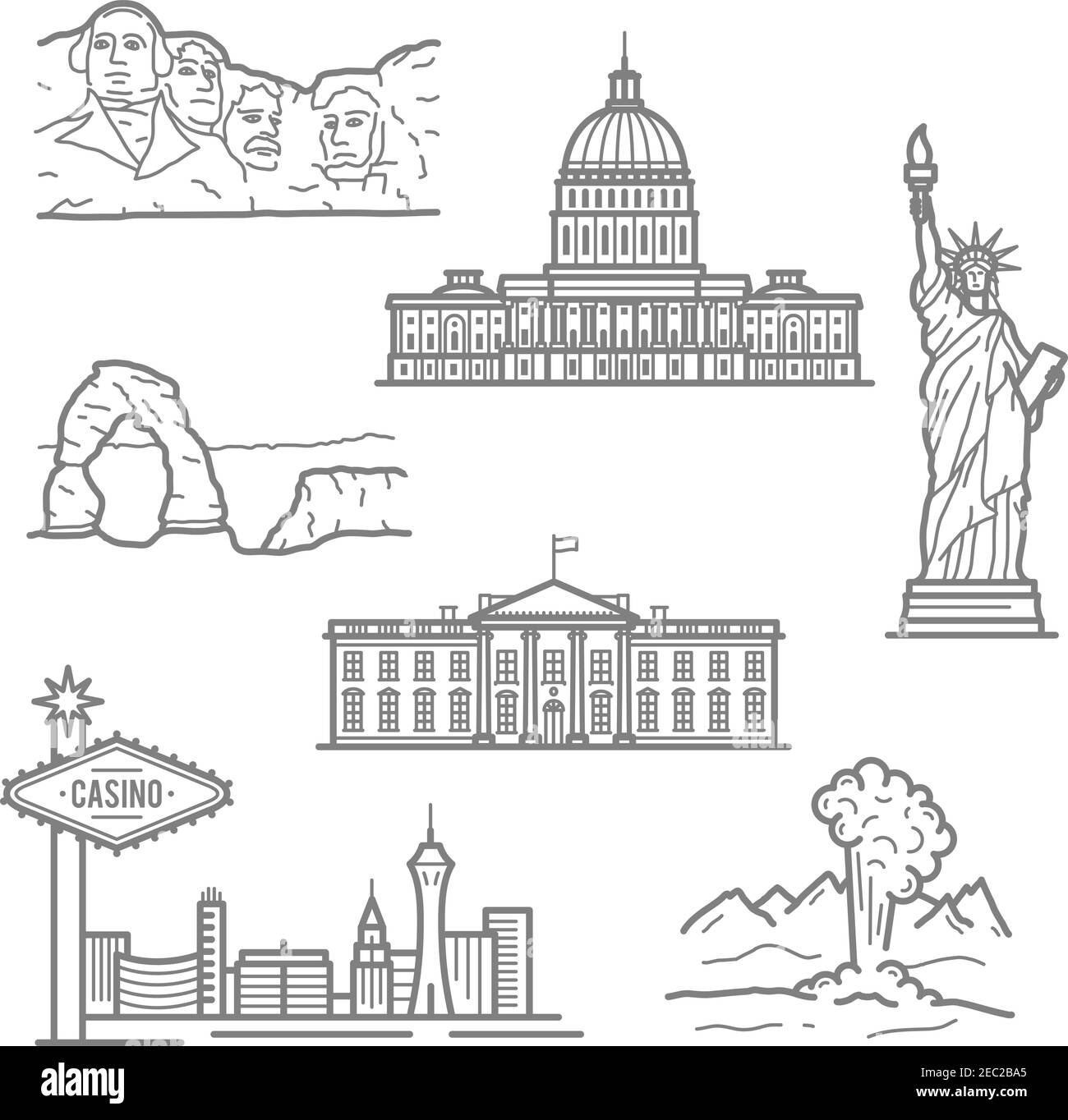 Beliebte nationale Wahrzeichen der USA für Tourismus oder Reiseplanung Design mit dünnen linearen Freiheitsstatue, Casinos von Las Vegas, Capitol, White House Stock Vektor