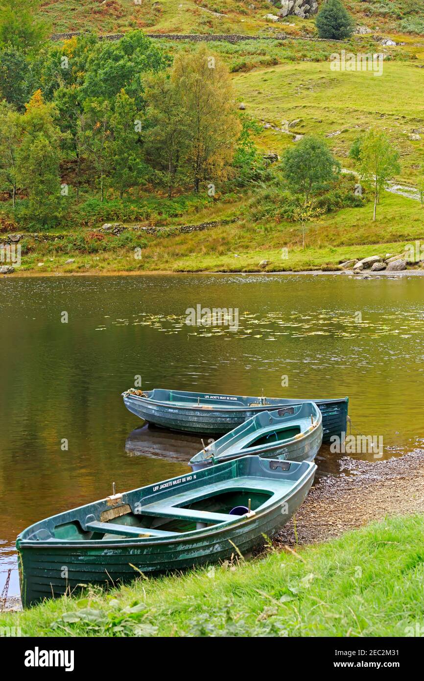 Ruderboote am Ufer des tarn in Watendlath, Lake District Stockfoto