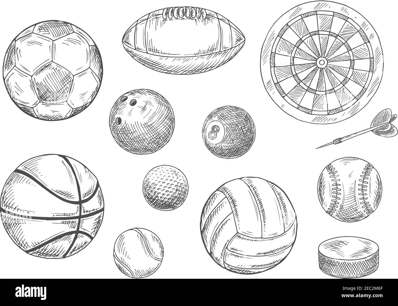 Sportartikel für Einzel- und Mannschaftsspiele isolierte Skizzen mit Bällen für Fußball oder Fußball, Volleyball und Basketball, Rugby und Baseba Stock Vektor