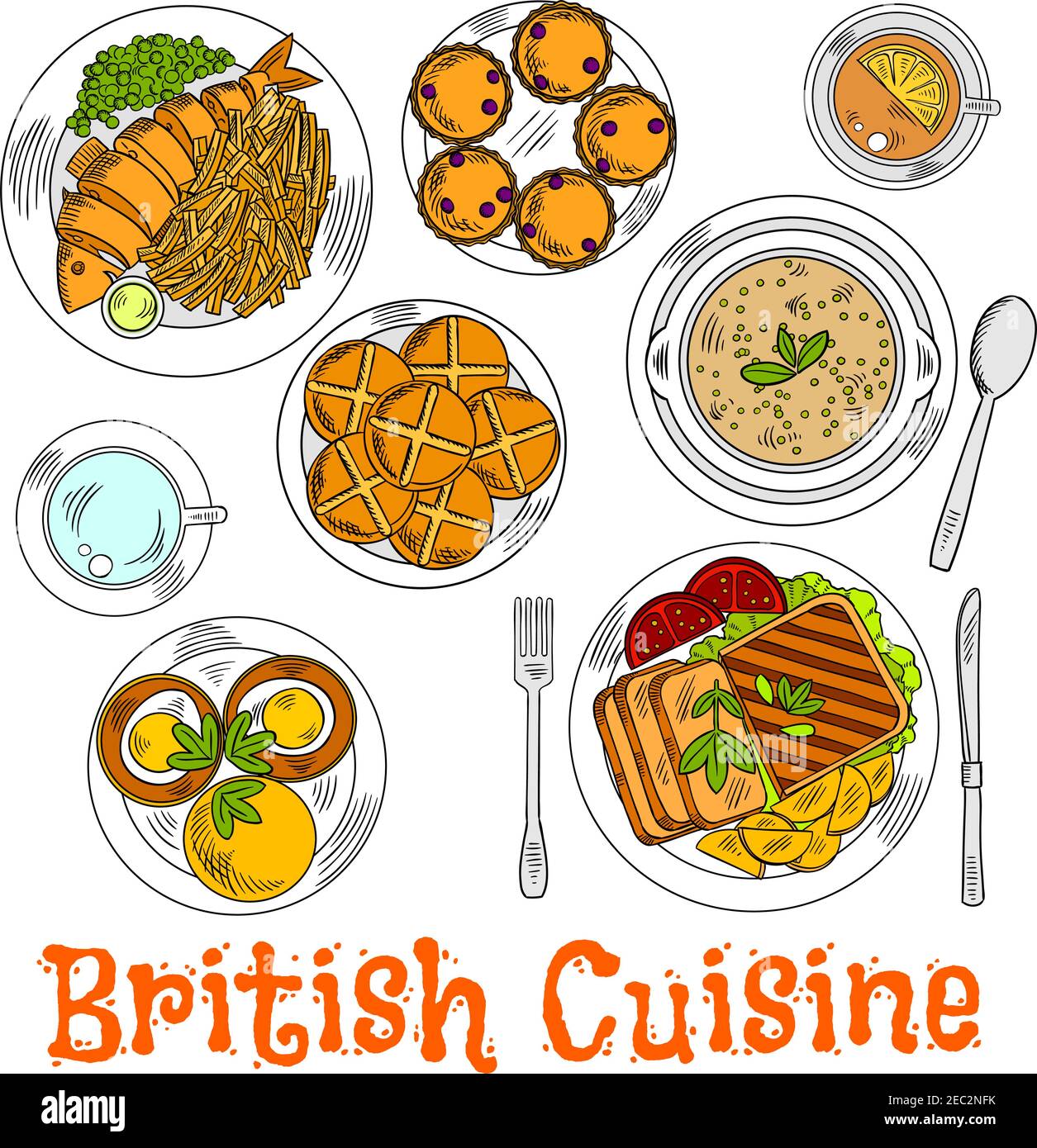 Englisches sonntagsabendessen mit traditionellem Roastbeef und Kartoffeln, Fisch und Chips, Muffin-Ei-Sandwiches und grüner Erbsensuppe, dazu Tassen Tee Stock Vektor