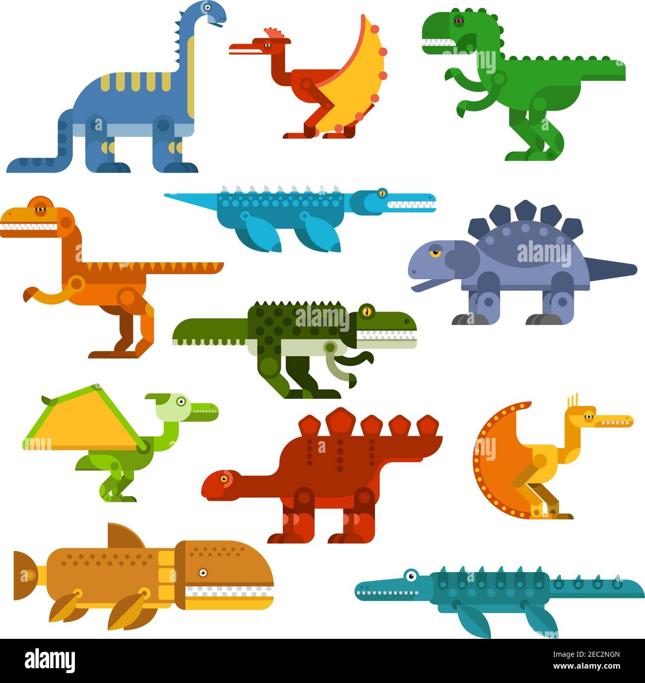 Bunte Cartoon-Dinosaurier mit flachen Symbolen von pterodactyls, tyrannosaurus rex, brontosaurus, Velociraptor, stegosaurus und prähistorischen aquatischen repti Stock Vektor