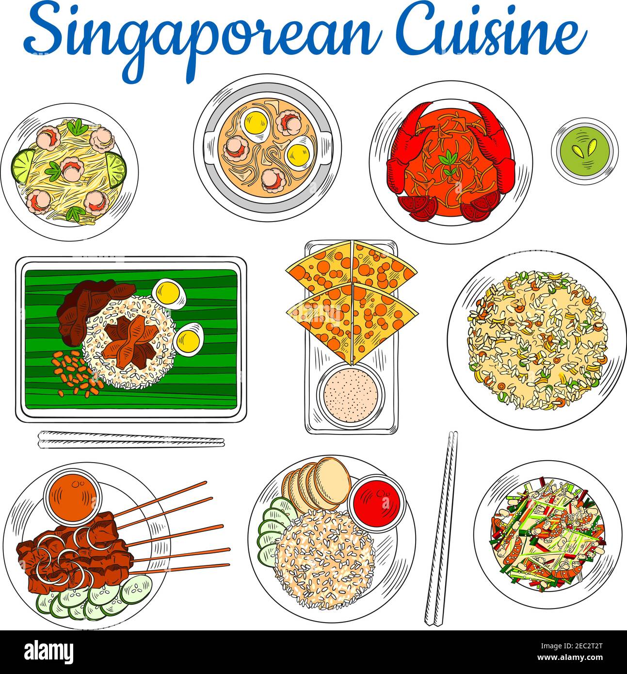 Bunte nationale Gerichte der singapurischen Küche Skizze Symbol mit beliebten Chili-Krabben, gebratenen Reis und Rindfleisch Satay, Fladenbrot mit Tartarsauce, würzig Stock Vektor