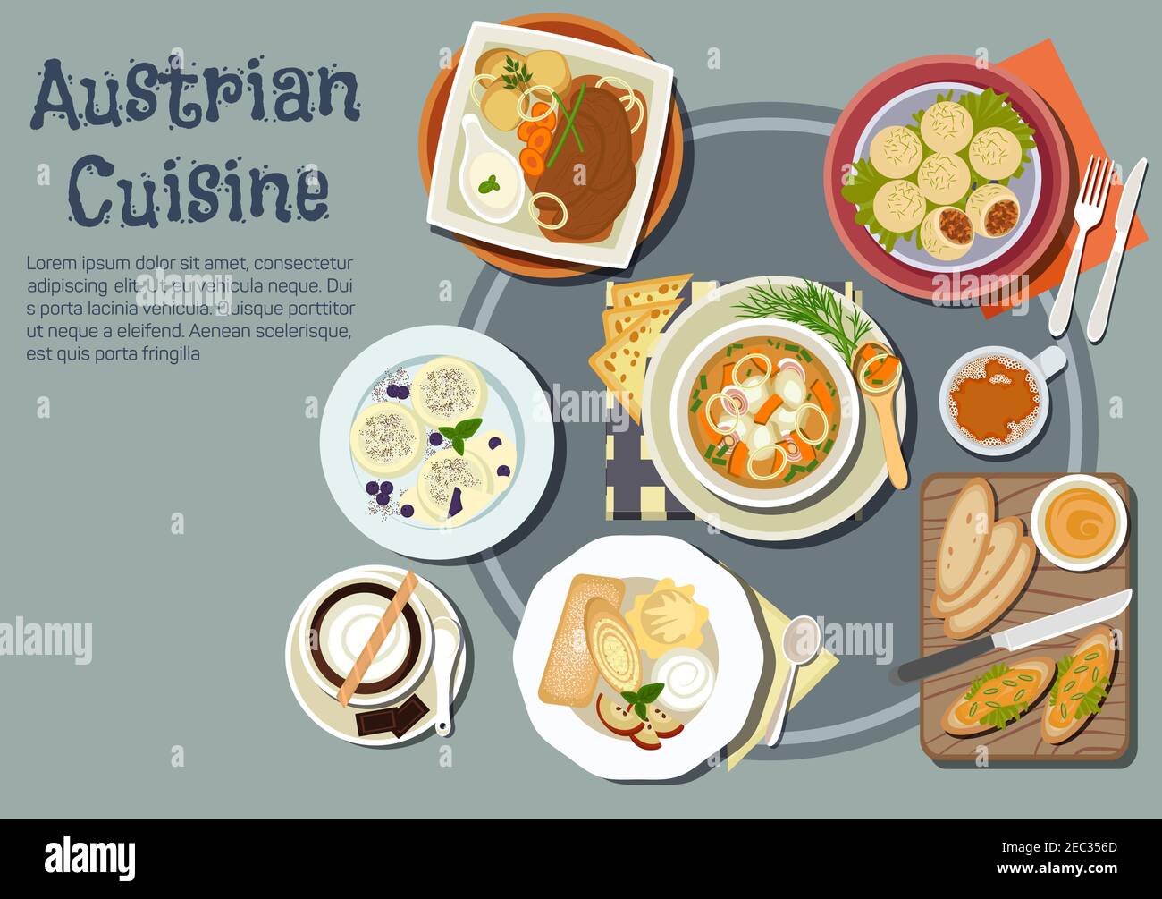 Nahrhaftes österreichisches Abendessen und wiener Desserts Ikone mit offenen Sandwiches gekrönt mit Liptauer Aufstrich, Gulasch und Schweineknödel, gebackenem Schweinefleisch mit bo Stock Vektor
