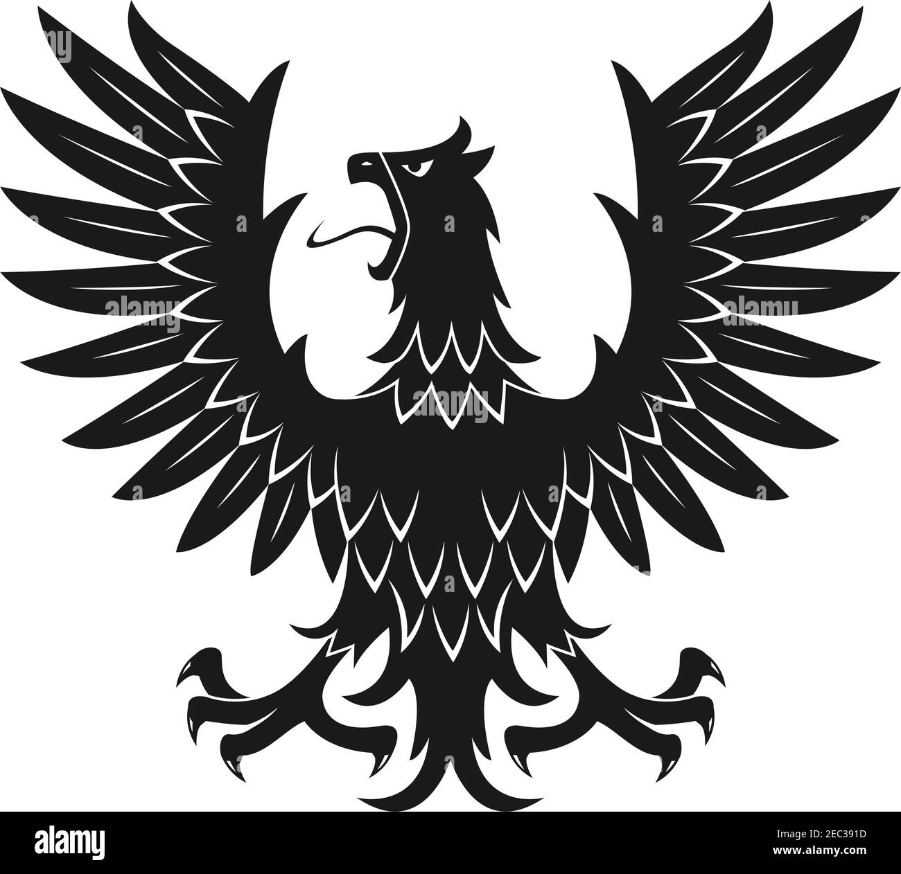 Schwarzes heraldisches Vogelsymbol für mittelalterliches stilisiertes Wappen Oder Tattoo Design Verwendung mit Silhouette schreiender Adler in Aggressive Haltung mit rai Stock Vektor