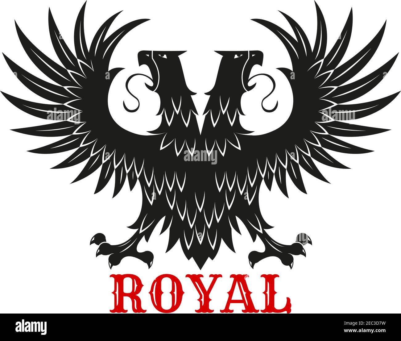 Königliche Adler-Ikone mit mythischem doppelköpfigen schwarzen Vogel, der mit ausgebreiteten Flügeln steht. Symbol für Mut und Kraft für Wappenzeichen oder Tattoo d Stock Vektor
