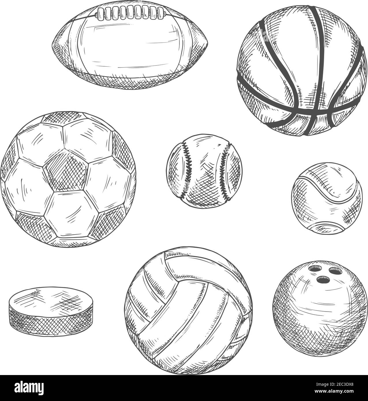 Gravur Skizzen von Sportbällen und Eishockey Puck für Sport-Wettbewerb oder Freizeit-Aktivität Design mit Fußball und Fußball, Basketball Stock Vektor