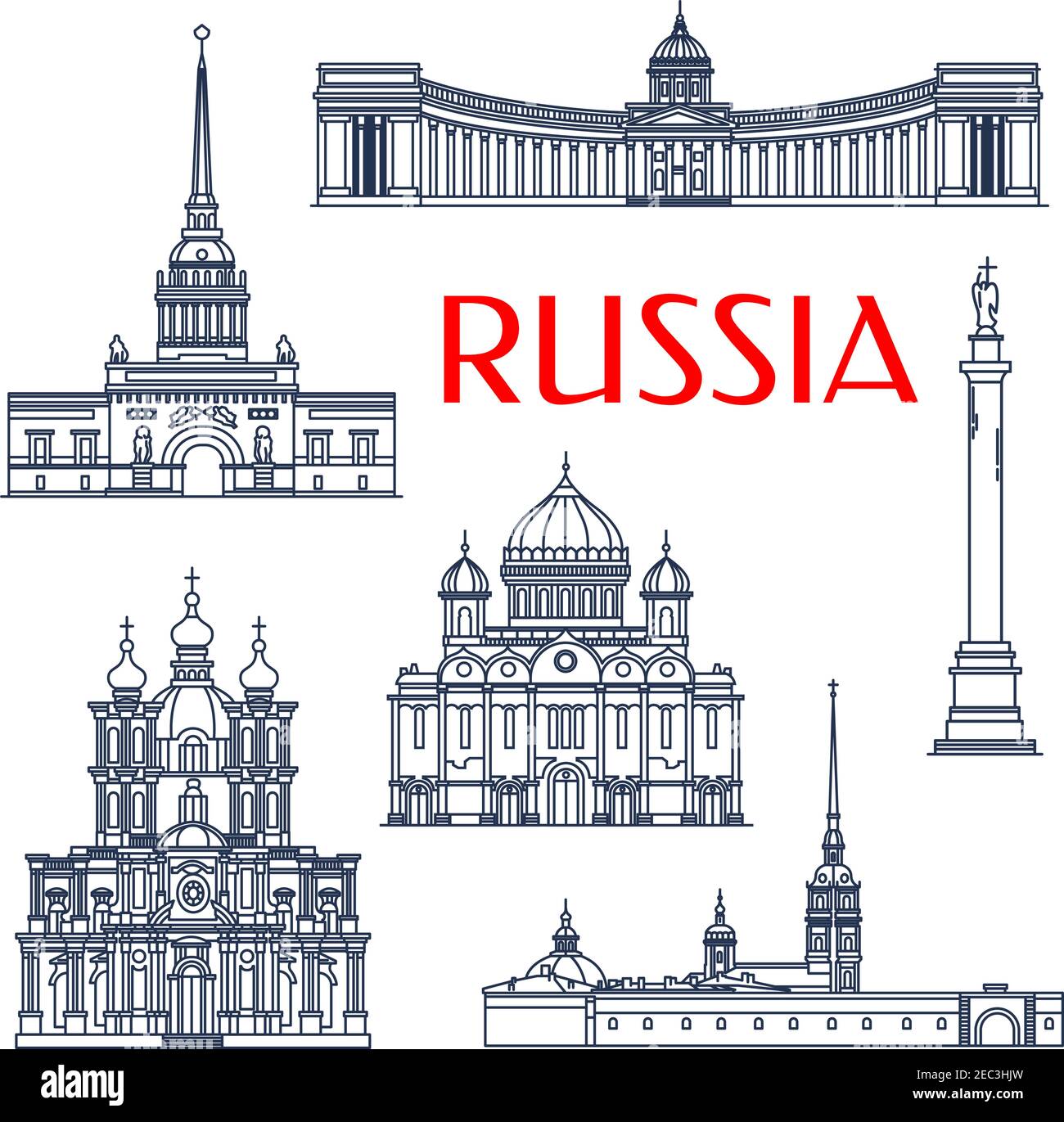 Touristische Attraktionen der russischen Architektur Symbole für die Urlaubsplanung und Reisebüro-Design mit linearen Smolny und Kasan Kathedralen, Russische Ad Stock Vektor