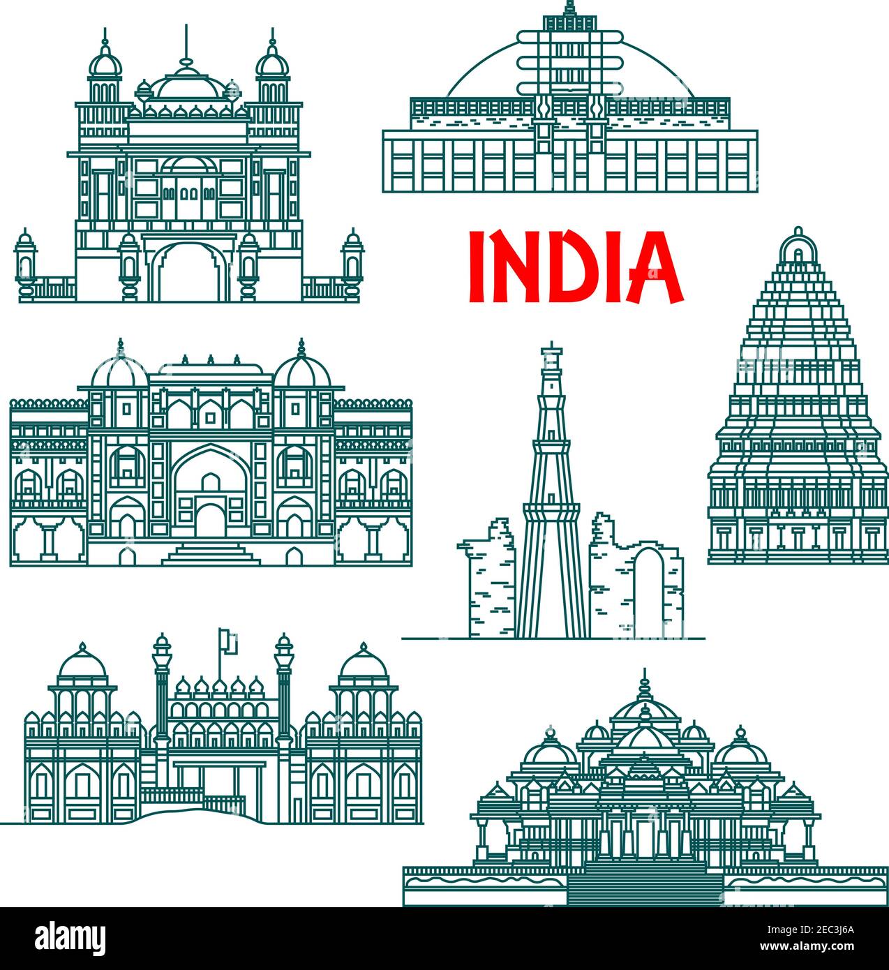 Touristenattraktionen und nationales architektonisches Erbe von Indien dünne Linie Ikonen für Reise-Design mit Qutub Minar, Buddhist Stupa in Sanchi, Rot für Stock Vektor