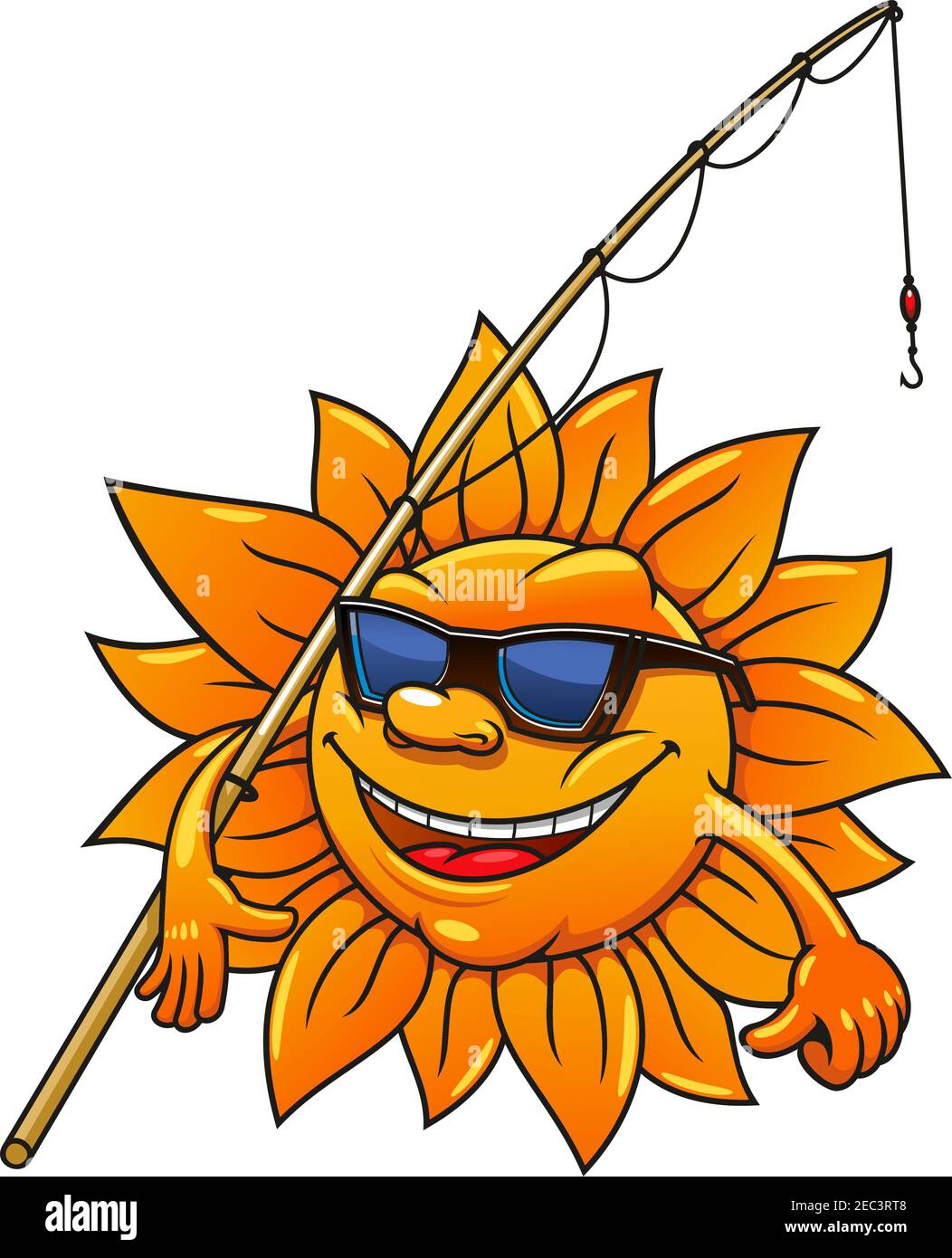 Glücklich lächelnd Cartoon Sonne Charakter in Sonnenbrille gehen zum Fischen mit Bambus Angelrute. Ideal für Freizeitbeschäftigung Symbol oder Sommer Saison Maskottchen Stock Vektor