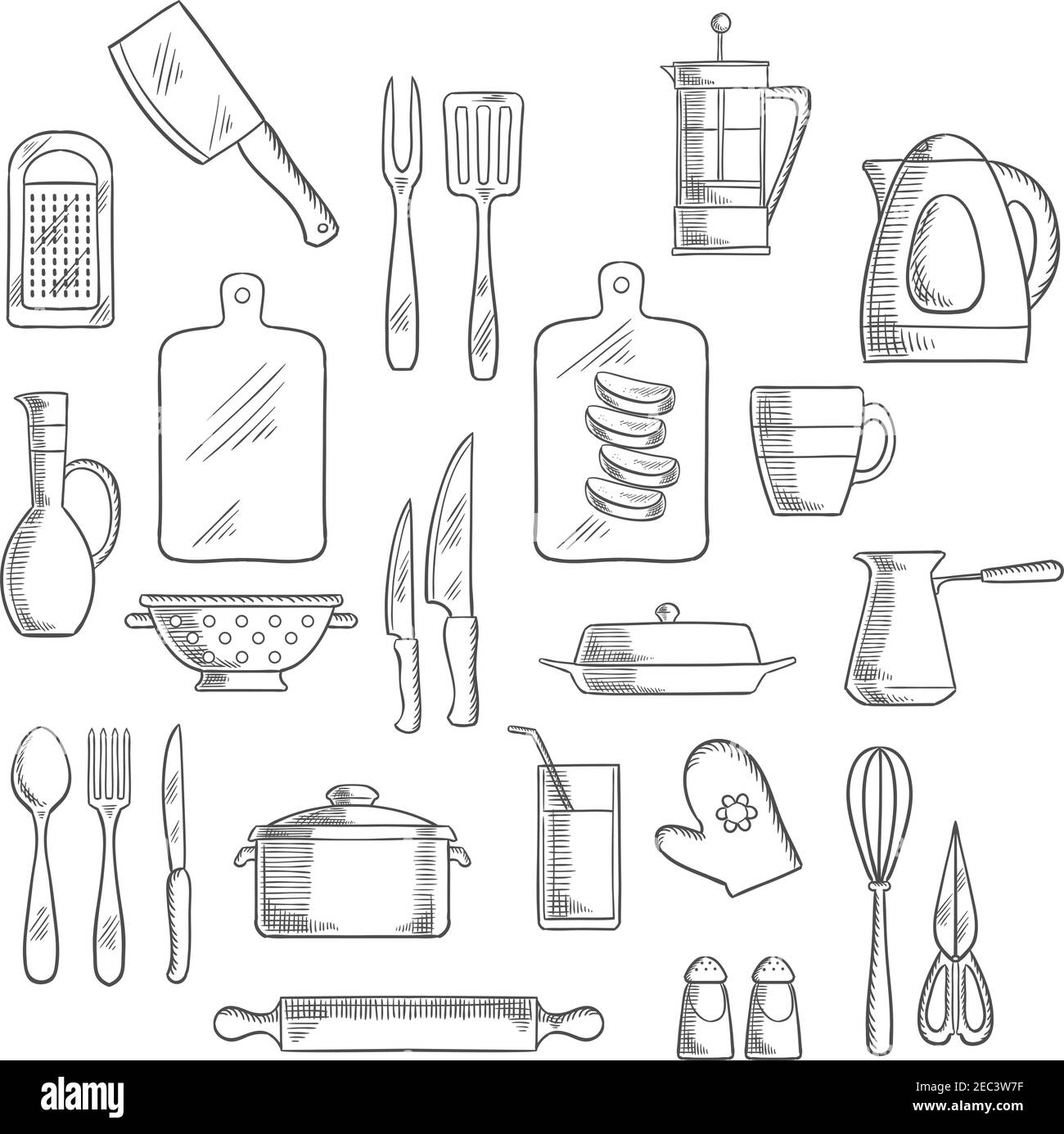 Küchengeräte und Geräte skizzieren Ikonen von Tee und Kaffee Töpfe, Messer, Gabeln und Löffel, Tasse, Glas und Kanne, Spachtel und Schneidebretter, Reibe A Stock Vektor