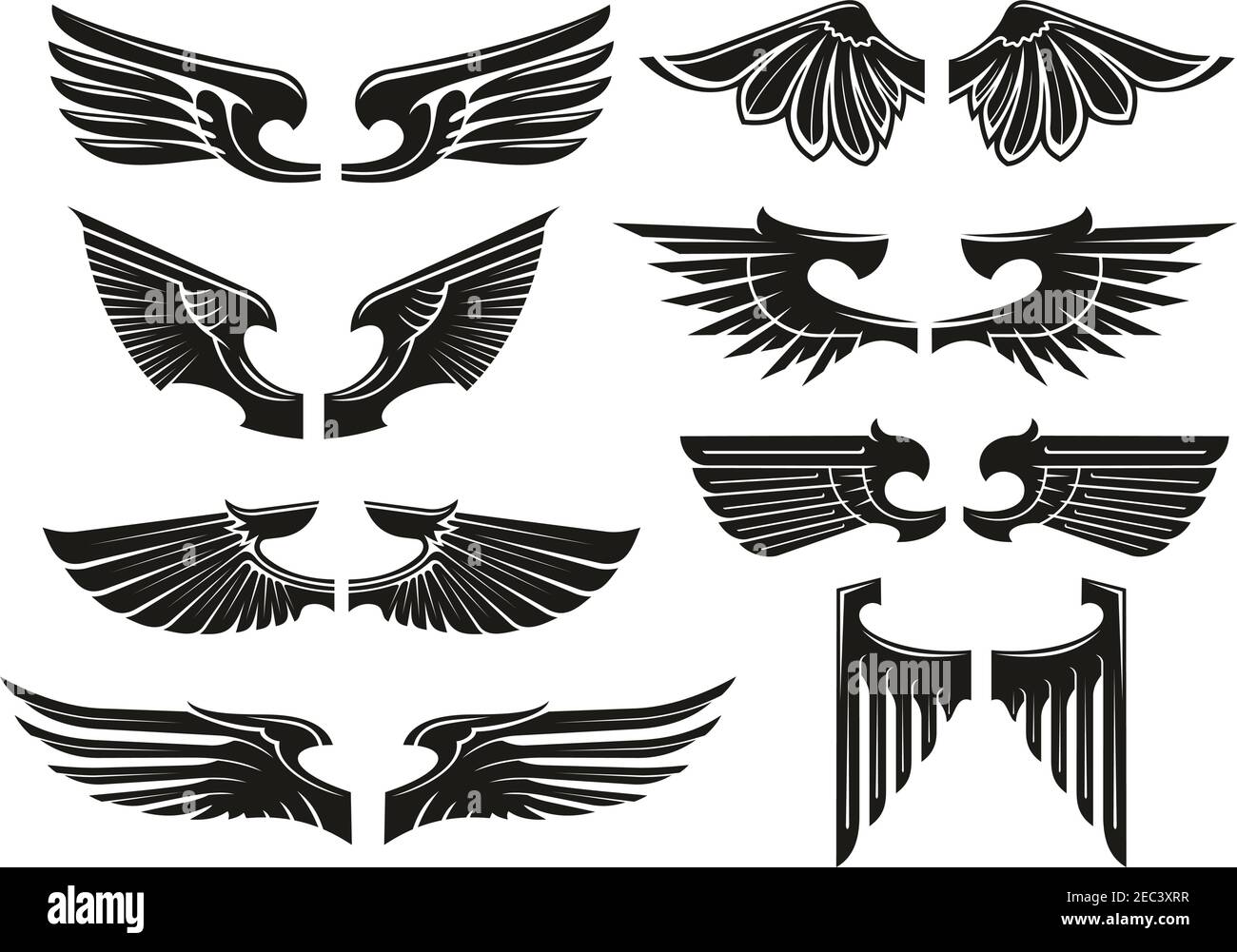 Spread Wings Design-Elemente für mittelalterliche Wappen, Tattoo oder Schmuck mit schwarzen Silhouetten paarweise heraldischen Flügeln Stock Vektor