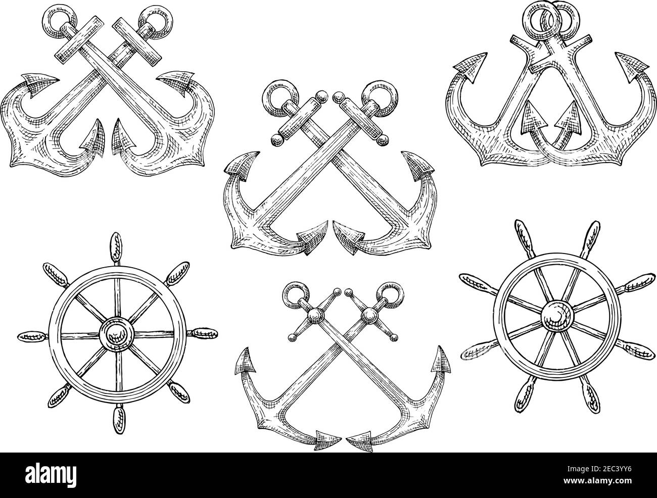Retro nautische Symbole der skizzierten Segelschiffe helms und gekreuzten Admiralität Anker. Verwendung als Marine Club Abzeichen oder Marine Wappentier Design Stock Vektor